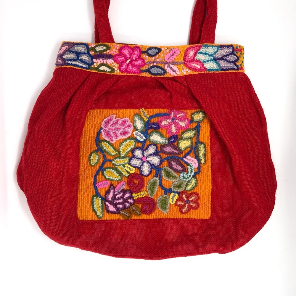 Handmade large wool tote bag with a crewel embroidered floral panel and borders
